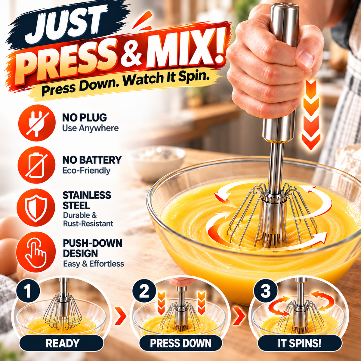 🍳 2-in-1 Push-Down Whisk | 🔄 Easy Mixing, No Batteries Needed