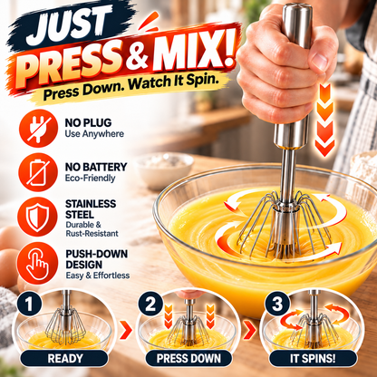 🍳 2-in-1 Push-Down Whisk | 🔄 Easy Mixing, No Batteries Needed