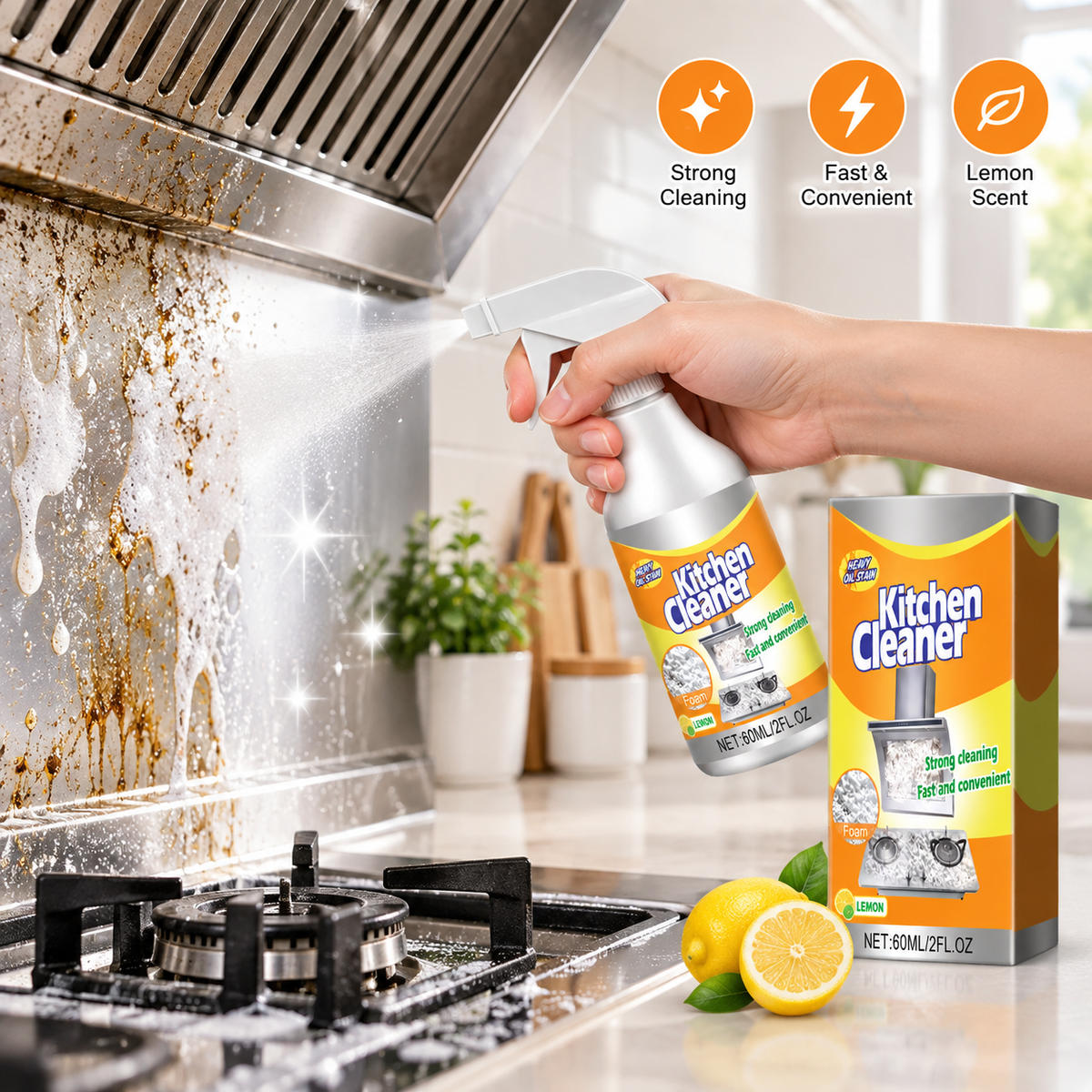 Heavy Duty Foaming Kitchen Degreaser & Oil Stain Remover for Kitchen Surfaces