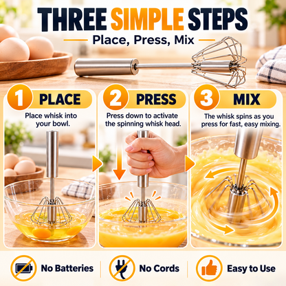 🍳 2-in-1 Push-Down Whisk | 🔄 Easy Mixing, No Batteries Needed